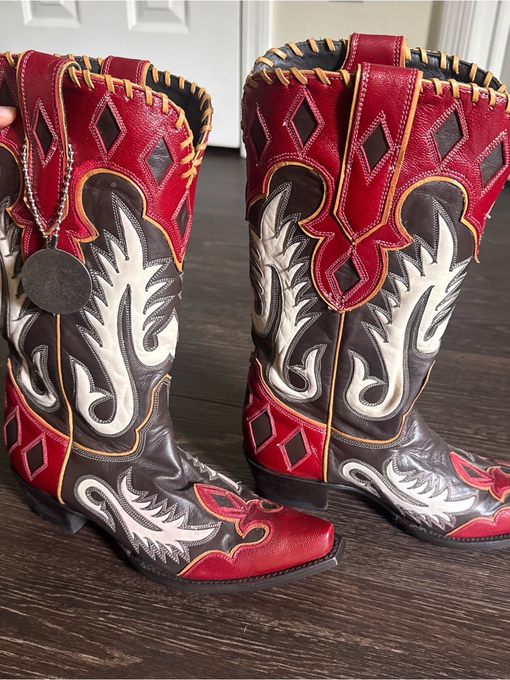 Double D Ranch Red, Black, and White Leather Western Boots - Picture 1 of 5